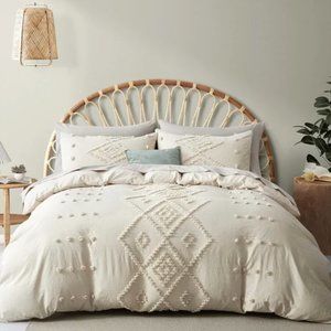 Anthropologie Cream Boho Queen Tassel Comforter Duvet Blanket & Sham